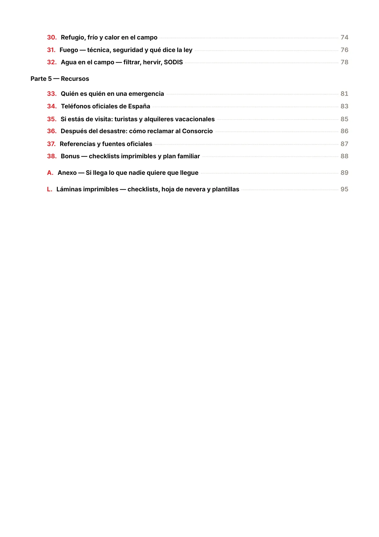 Índice de la guía 72 HORAS: partes 4 y 5 y anexo