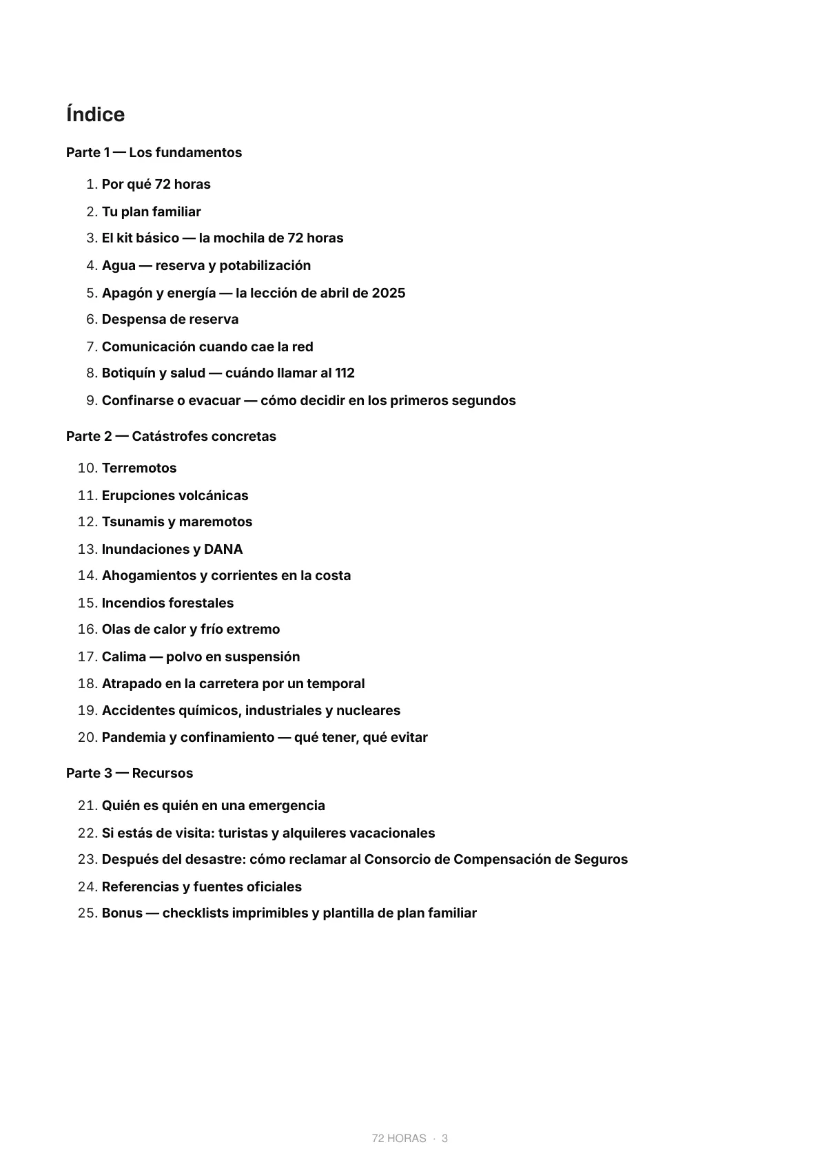 Índice de la guía 72 HORAS: 25 capítulos en 3 partes